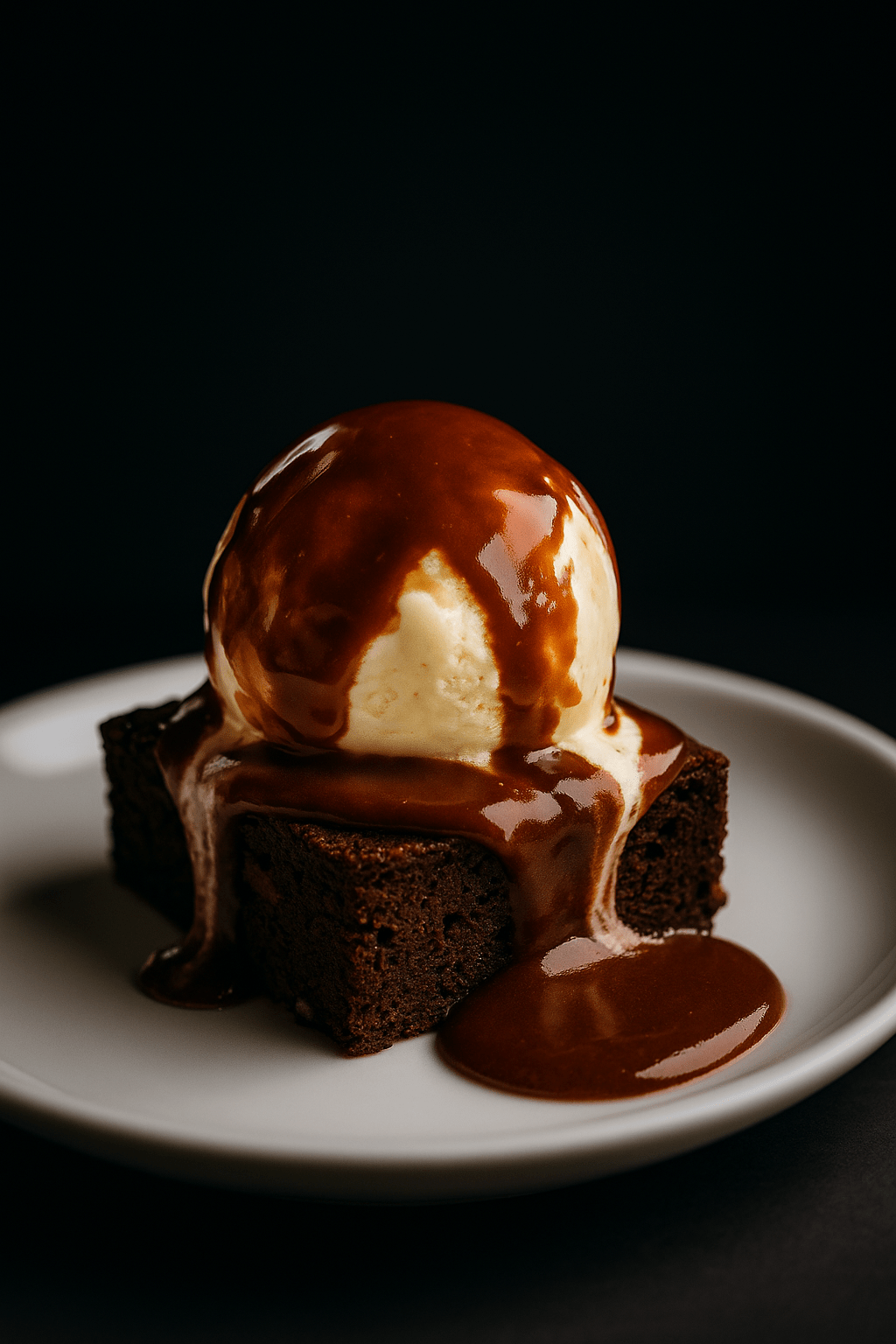 Brownie con helado y salsas